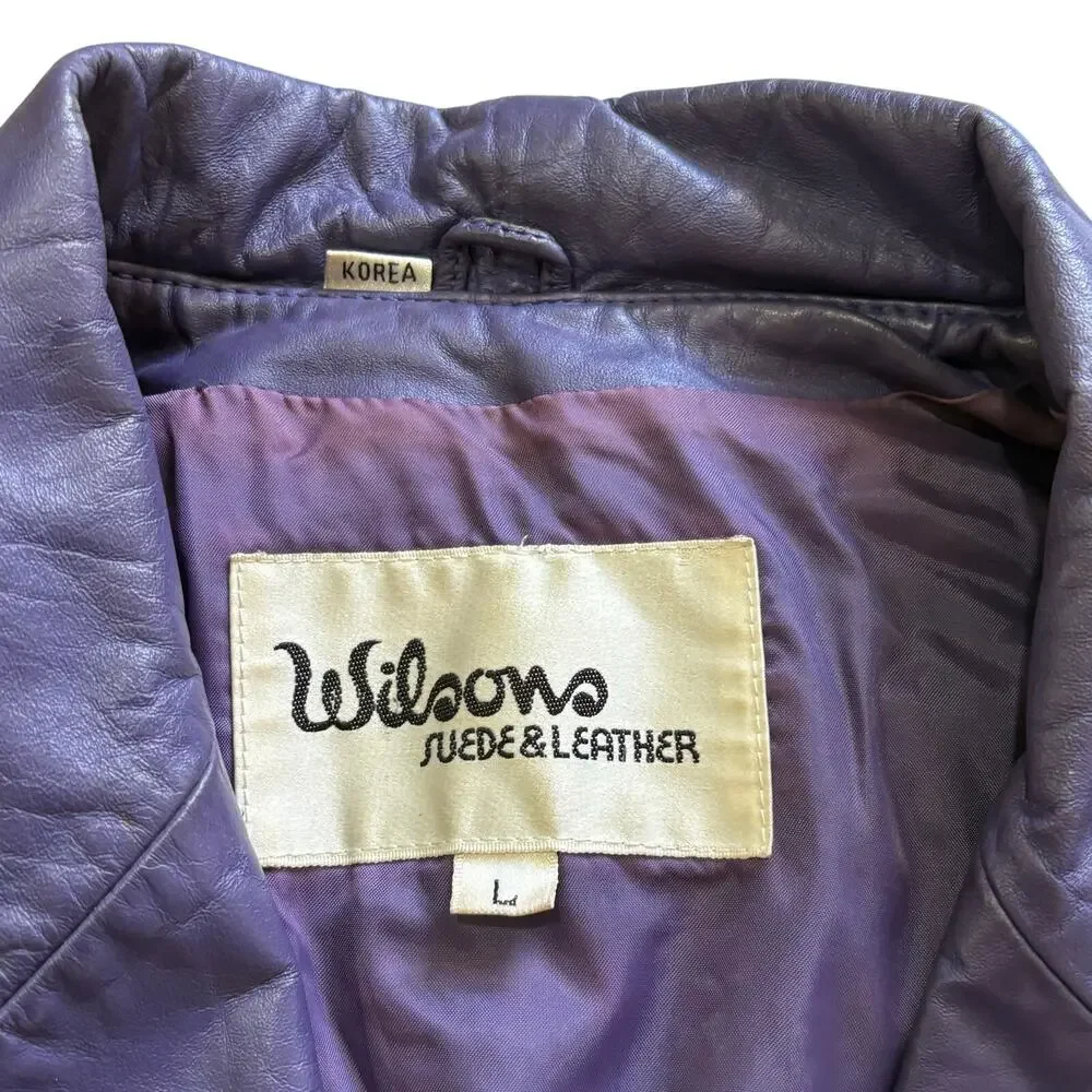 Vintage 80’s Wilsons Leather Women’s Purple Cropped Waist Jacket Tie Belt Large - Picture 4 of 9
